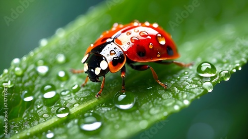 background of ladybug on leaf with water drops macro photography style AI Generated