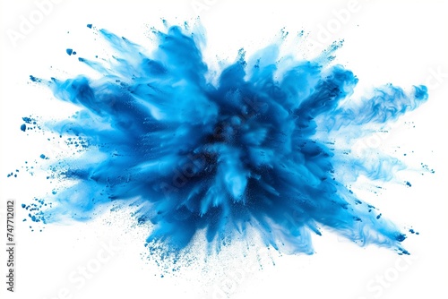 A dynamic and vibrant explosion of blue powder creating an abstract cloud, isolated on a white background, evoking a sense of motion and energy.