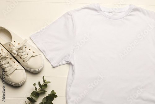 A plain white t-shirt and white sneakers are neatly arranged on a wooden surface, with a green plant