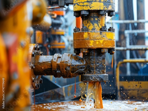 Close-up of a mud pump in action, drilling mud coursing through pipelines against the backdrop of a semi-submersible rig
