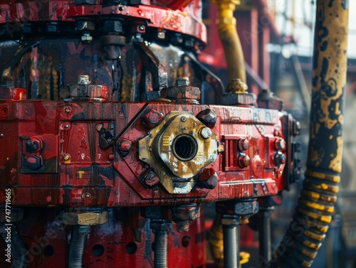 Close-up of a blowout preventer being installed, a critical safety mechanism in the high-stakes world of oil drilling