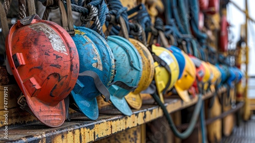 Safety gear lined up on an offshore platform, ready for the days operations, a testament to the industrys focus on worker safety