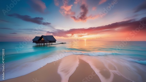 美しい夕日のビーチ。 穏やかな海とリラックスしたトロピカルなムードを備えたカラフルな空｜Beautiful sunset on the beach. Colorful skies with calm seas and a relaxing tropical mood. Generative AI