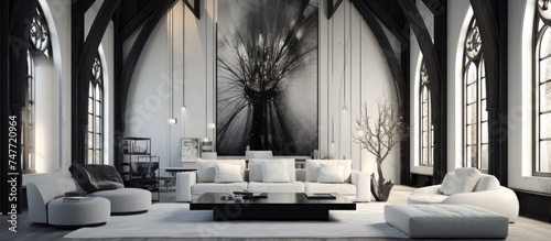 In a modern living room with abstract white and black gothic interior design, a large painting hangs prominently on the wall. The painting adds a focal point to the room,