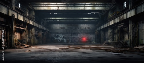 An abandoned industrial building with a dark and gritty atmosphere, illuminated by a single red light in the center. The red light casts eerie shadows and adds a sense of mystery to the interior.