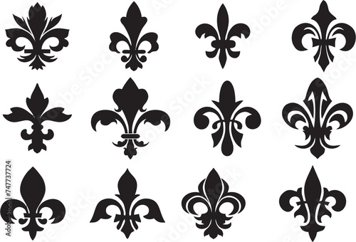 Fleur-de-lis vector icons like lily flowers. Royal french heraldry design elements for coat of arms, emblem or medieval design with black fleur-de-lis symbols in high HD resolution, white background.