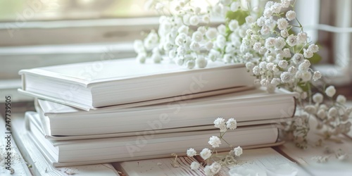 Wedding photo album with flower on a wooden background