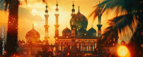 An ornate eid celebration with intricate mosques silhouette inside a glowing lantern backdrop