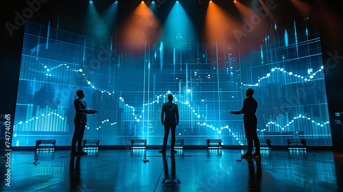 Performers on a stage of financial graphs acting out the investment plan