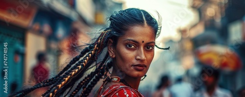 Cool Indian woman with flying braids on street