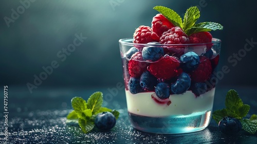 Vibrant berry parfait with layers of yogurt and fresh fruit dusted with sugar