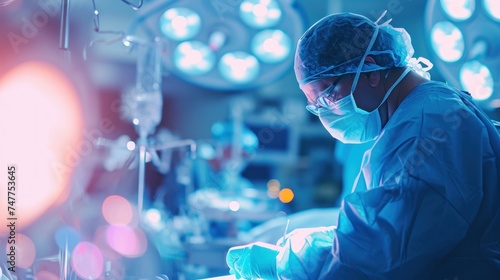 Surgeon or doctor in blue uniform did surgery in surgical hospital with orange light effect and blur background. Surgeon and nurse use medical instrument or equipment in operating room