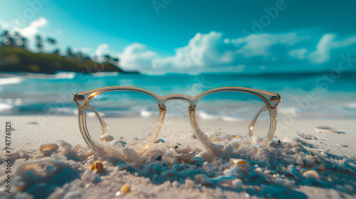 A Glasses in Front Of Beach, Beach Background, Generative Ai