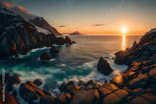 Ocean coast at sunset, panorama, Norway