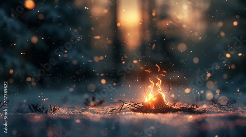 A small fire burning in the middle of a wide snowy field, contrasting the white landscape with its flickering flames.
