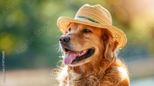 A dog with a floppy straw hat on its head, sticking out its tongue