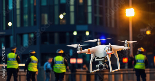 drone flying with blurred police investigating in background 