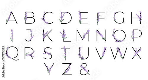 Lavender blossom violet little flower alphabet for design of card or invitation. Vector illustrations, isolated on white background for summer floral gesign