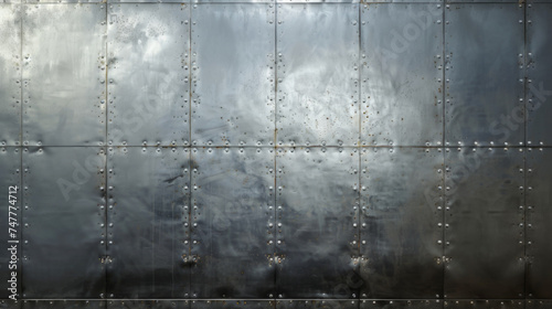 Industrial degraded and grungy sheet metal background texture with rivets evenly spaced