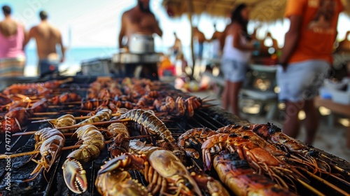 Several lobsters being cooked on a grill outdoors, their shells turning red from the heat