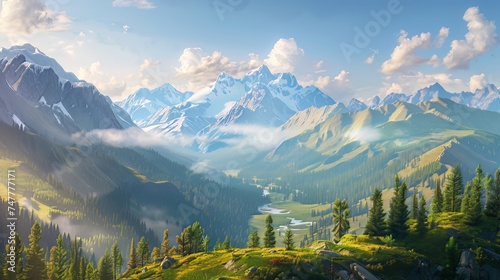 The breathtaking panorama captures the morning wild nature high in the mountains. 