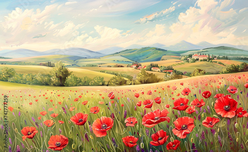 Spring landscape with colorful poppy flowers, Oil paintig banner