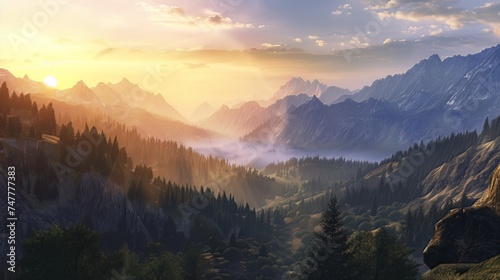 The breathtaking panorama captures the morning wild nature high in the mountains. 