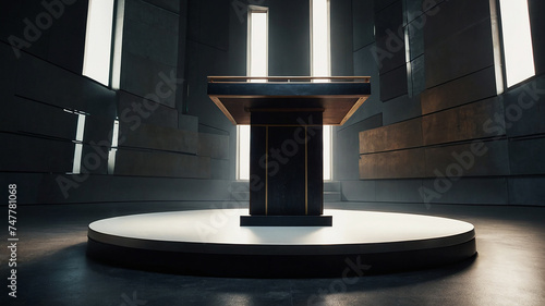 podium, large angle of inclination of the podium, large surface of the podium, light wall in the background, a lot of light, glare, realism, real photo, high angle shot, cinematic light