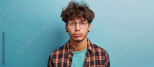 A young Hispanic man, dressed in a stylish plaid shirt and wearing glasses, appears skeptical, nervous, and upset due to a negative situation.
