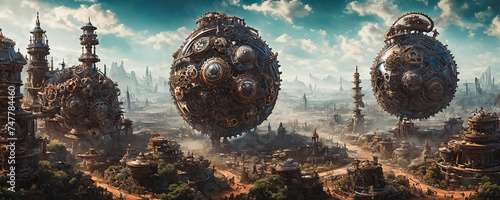 Clockwork Steampunk Planet that blends fantasy and machinery, featuring colossal, intricately detailed clockwork structures, towering gears