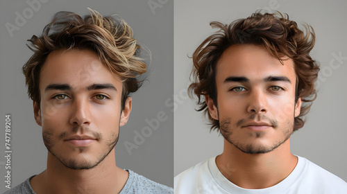 Young man before and after hair loss treatment on grey background