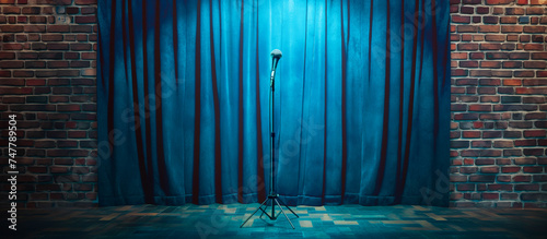 stage with blue curtain and brick wall. theater or stand up comedy background