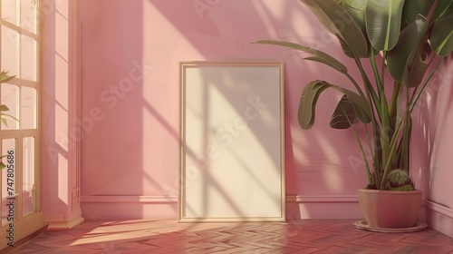 an empty frame on the floor in front of a pink wall, in the style of ASOS decor.