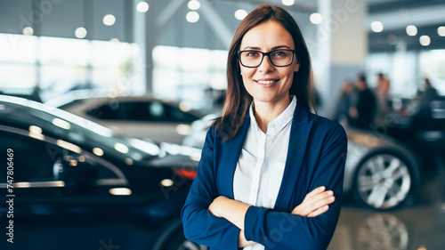 Successful businesswoman in a car dealership, sale of vehicles to customers.