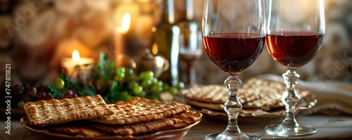 Pesach matzo passover with wine and matzoh jewish passover bread.