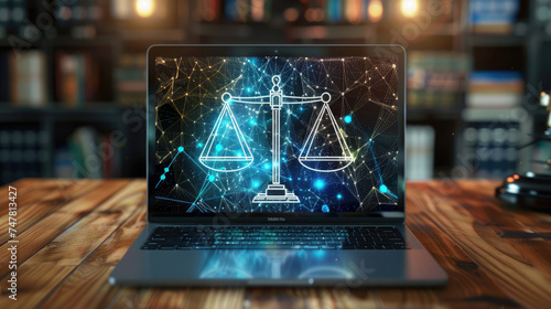 Laptop computer with legal law scale information and regulations for company and corporate trade license registration and court governance compliance for online and modern business 