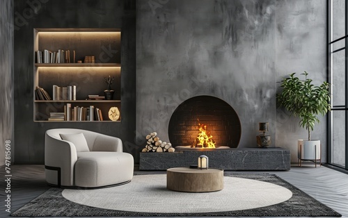 Industrial living room in grey soft armchair with solid wooden coffee table over carpet near circles fireplace and bookshelf in concrete dark wall