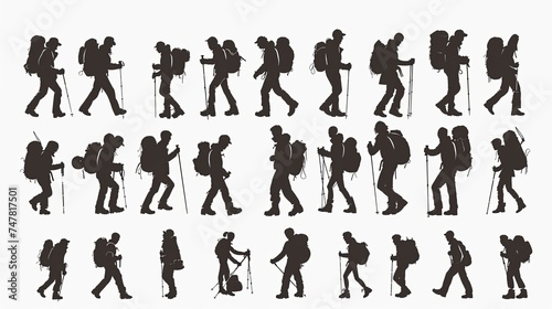 Silhouettes of mountaineering people icon illustration set bundle