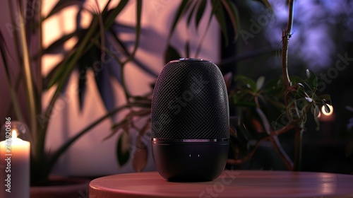 A black, small, wireless, portable Bluetooth speaker for playing music on a wooden table