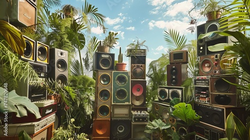 a vast sound system, speaker stacks, lush greenery, and a blue sky