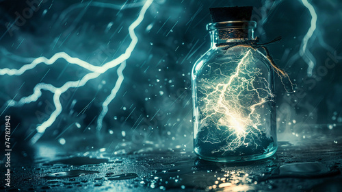 Close-up of a bottle filled with a miniature storm, lightning swirling inside, representing contained chaos
