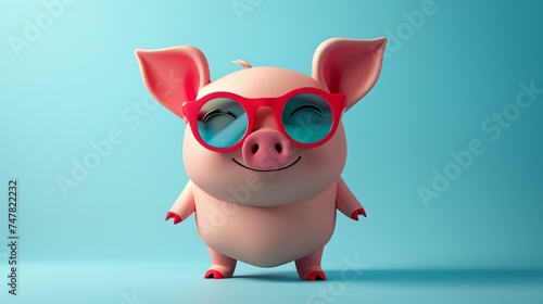 3D rendering of a cute and happy cartoon pig wearing red sunglasses. The pig is standing on a blue background and has a big smile on its face.