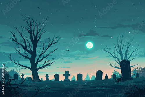 Illustration of a calm minimalist graveyard under a twilight sky