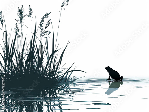 Illustration of a calm minimalist marsh with reeds and a frog silhouette