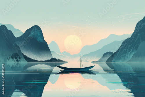 Illustration of a serene river delta with a minimalist boat