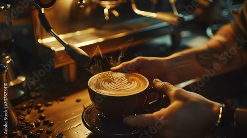 Barista holding a cup of coffee with latte art in front of the coffee machine. Coffee beans are scattered on the table. The background is blurred.