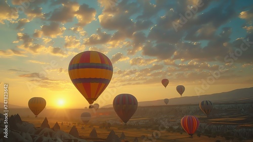 Hot air balloons floating over the Cappadocia region in Turkey. The sunrise is in the background and the sky is cloudy. Theåœ°é¢ä¸Šæœ‰ä¸€äº›å±±ä¸˜.