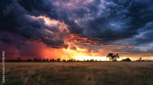 A dramatic landscape photo of a thunderstorm rolling in over a rural field. The sky is dark and ominous, with bright bolts of lightning.