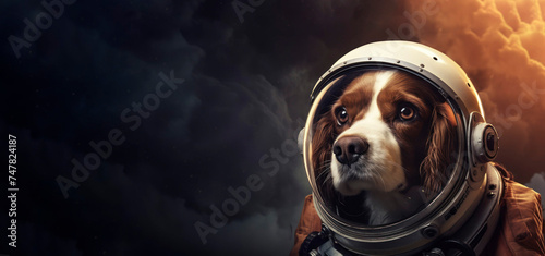 banner for Cosmonautics Day, a dog in a spacesuit on a dark background with space for text. Cosmonautics Day concept, animals, relocation, banner, poster, text