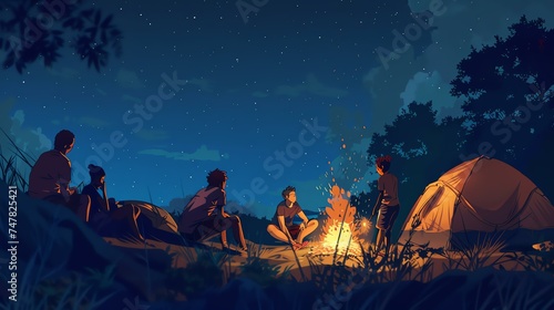 Four friends camping together in the wilderness. They have set up a tent and are sitting around a campfire together, talking and laughing.
